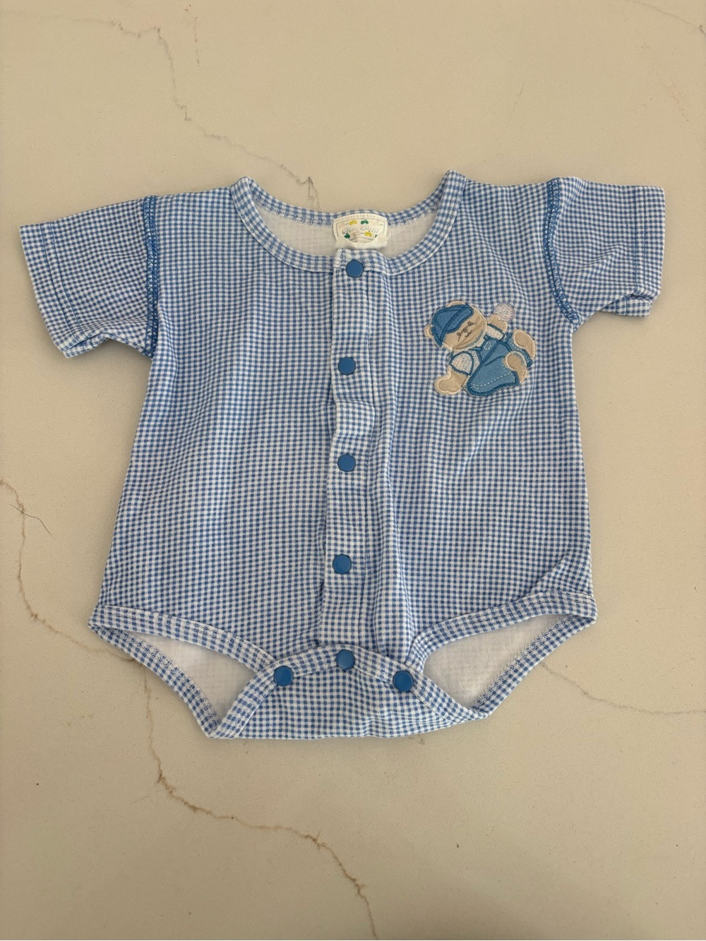Vintage Mon Petit Blue Gingham Baby One-Piece with Bear Short Sleeve Size 0-3